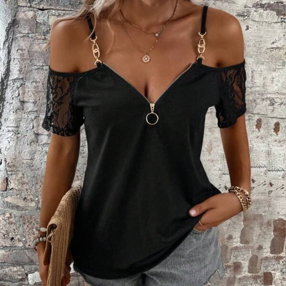 Contrast Lace Cold Shoulder Tee - M